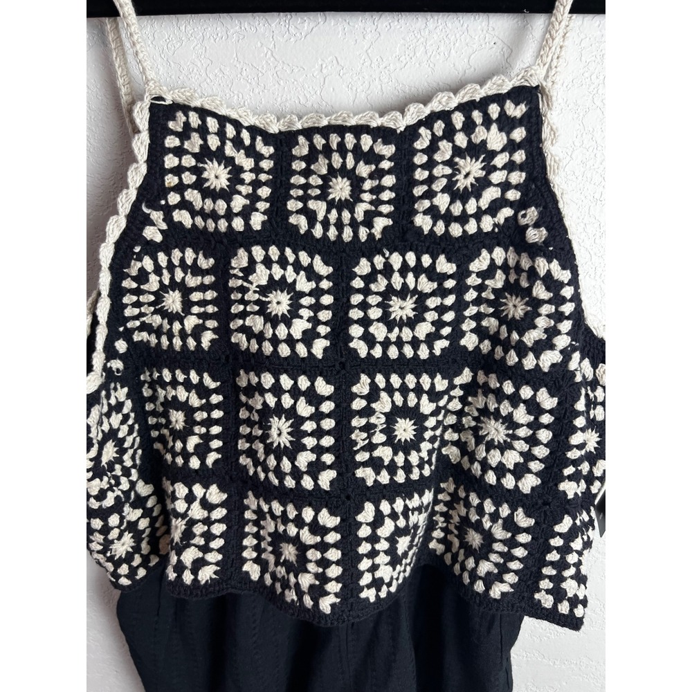 Lucky Brand Navy White Crocheted Romper Size Small Granny Squares One Piece NEW - Picture 3 of 13